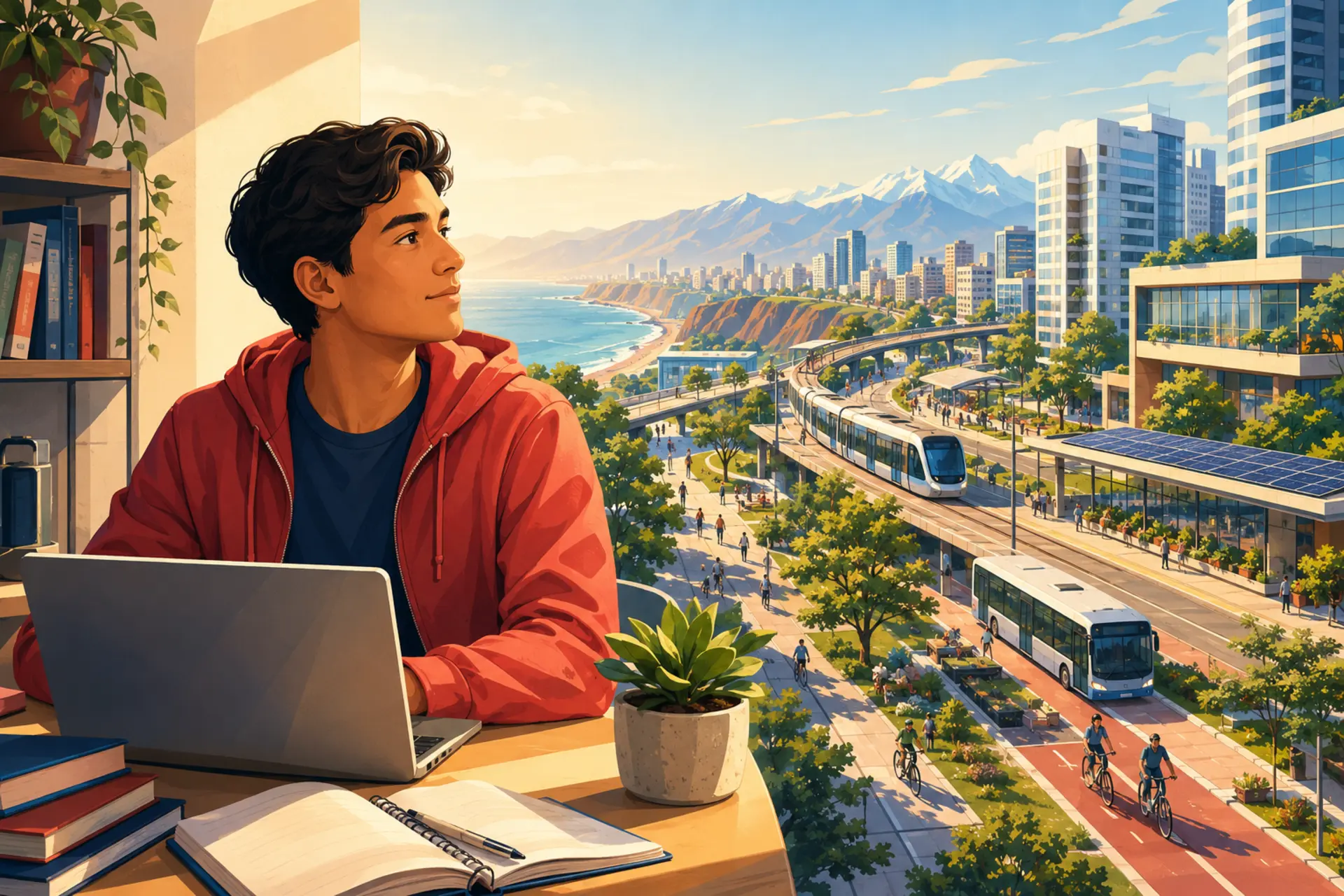 Joven estudiante con una computadora imaginando un Perú moderno, verde y conectado